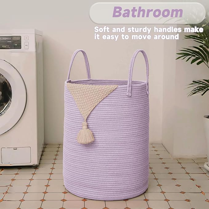 Large Woven Laundry Basket Hamper, 60L Cotton Rope Storage Bin for Blankets, Toys, and Clothes, Decorative Tall Nursery Hamper for Living Room, Baby Nursery, Bathroom, and Bedroom, Purple