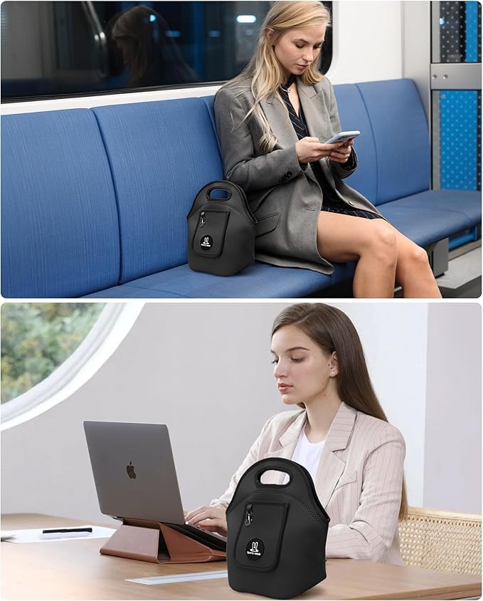 Sports Rabbit Insulated Neoprene Lunch Bag for Women – Foldable Lunch Tote with Front Pocket for Phone & Keys – Reusable, Lightweight, Waterproof, Easy Clean – Ideal for Work, Travel, Picnic (black)