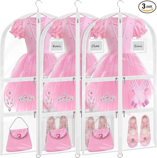 Garment Bags for Dance Costumes - 40 Inch Clear PVC with 5 Zipper Pockets (3 Pack, White) - Kids Dance Garment Bag for Dancers, Hanging Clothes Storage, Competitions & Travel (Clear White)