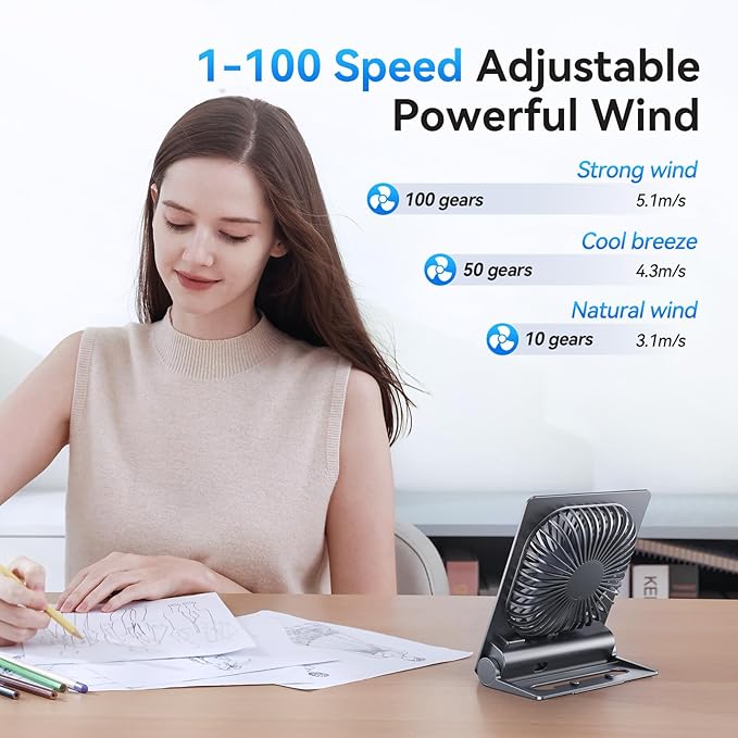 Desk Fan, 6.61''Ultra-thin 5000mAh Battery Powered Fan with Powerful Wind,100 Speeds Adjustable&Digital Display,Timer,Ultra-quiet Small Portable Fan for Bedroom,Office,Travel,Summer Essentials