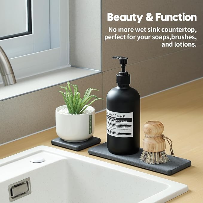 3PCS Water Absorbing Soap Dish Sponge Holder, Diatomite Stone Drying Tray Mat Sink Caddy for Kitchen Counter & Bathroom, Small Stone Bath Mat Faucet Accessories Organizer Protector, Dark Gray, 9"x 3.5"