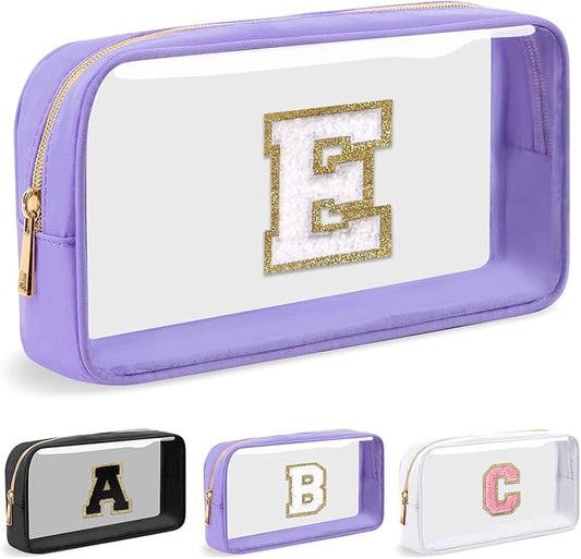 Personalized Initial Letter Clear Makeup Bag, Preppy Small Nylon & PVC Cosmetic Zipper Bag with Chenille Letter, Travel Skincare Toiletry Bag, Monogram Christmas Gift for Teen Girls Women, E