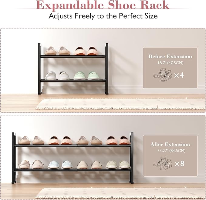 Bumusty 2 Tier Expandable Shoe Rack for Closet, 18"-33" Adjustable Shoe Rack for Small Space, Small Shoe Organizer for Front Door, Sturdy Metal, Black