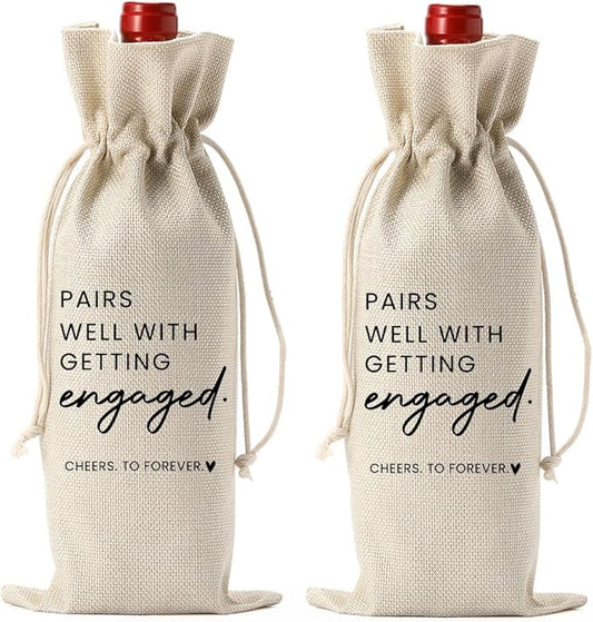 2pc Engaged Wine Bag Engagement Gifts for New Couples Her Engagement Party Decorations Pairs Well with Getting Engaged Wine Accessory Sets Champagne Bottle Wraps Bags