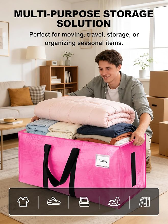 HOMESURE Supports 200lbs Heavy Duty Moving Bags - Strong Zipper & Wrap-Around Handles - Water-Resistant Storage Totes, Durable Alternative to Moving Boxes - 12 Pack - Pink