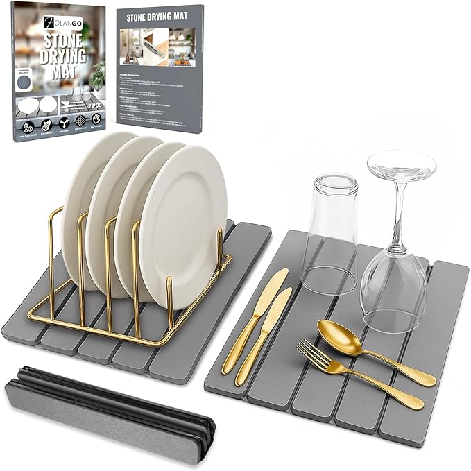 Large Foldable Stone Dish Drying Mat - Diatomaceous Earth, 2 Pack (12"x16" Each) or 24"x16" Combined - Fast Dry, Anti-Slip Pad, Sanding Tool & Instruction Manual for Kitchen and Bathroom, Dark Gray