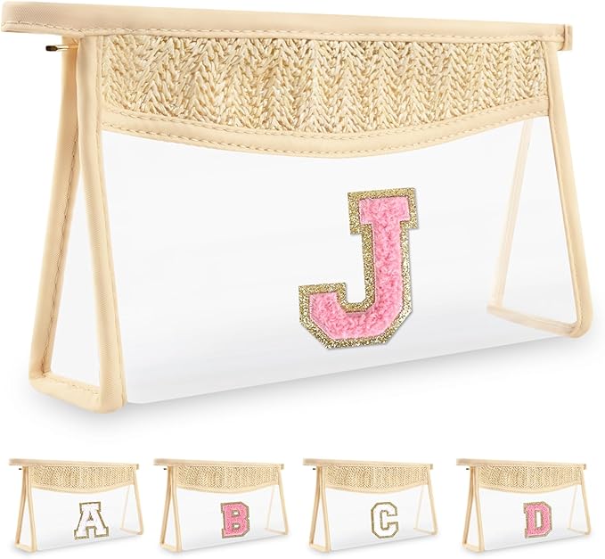 Small Boho Straw Initial Letter Makeup Bag Personalized Gift ,Cute Clear Chenille Patch Makeup Bag With Zipper,Trendy TSA Approved Travel Toiletry Bag,Gift for Women Girls Birthday Friend, Letter J