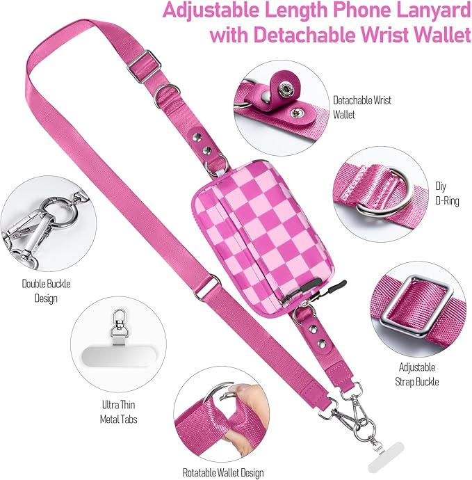 Clip and Go Strap for Phone with Wallet Crossbody Phone Lanyard and Detachable Checkered Bag with ID Window and RFID Pouch for Daily Travel.