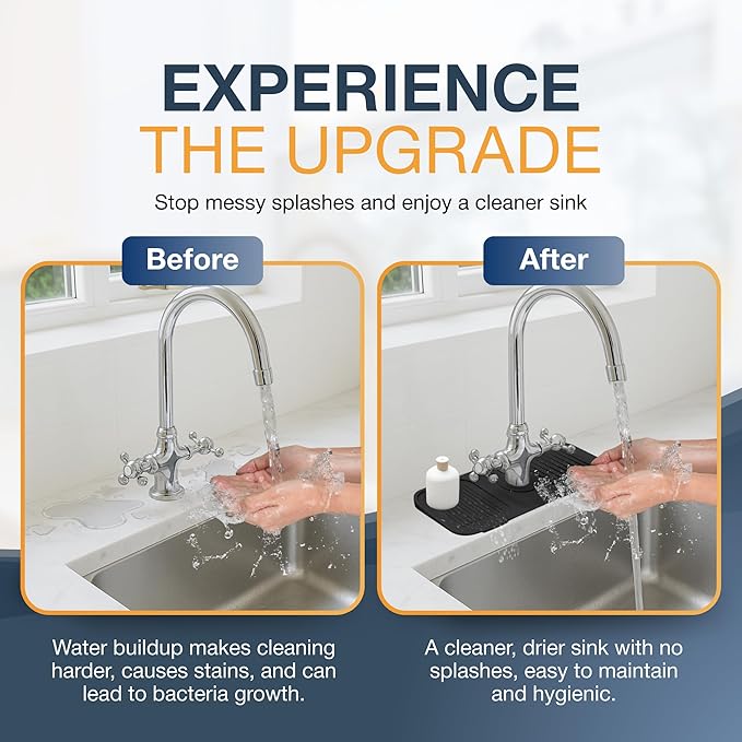 14.6” Silicone Faucet Mat For Kitchen Sink, Kitchen Sink Splash Guard Behind Faucet, Kitchen Faucet Mat For Kitchen Sink, Kitchen Sink Faucet Mat Splash Guard and Sink Water Splash Guard (Black)