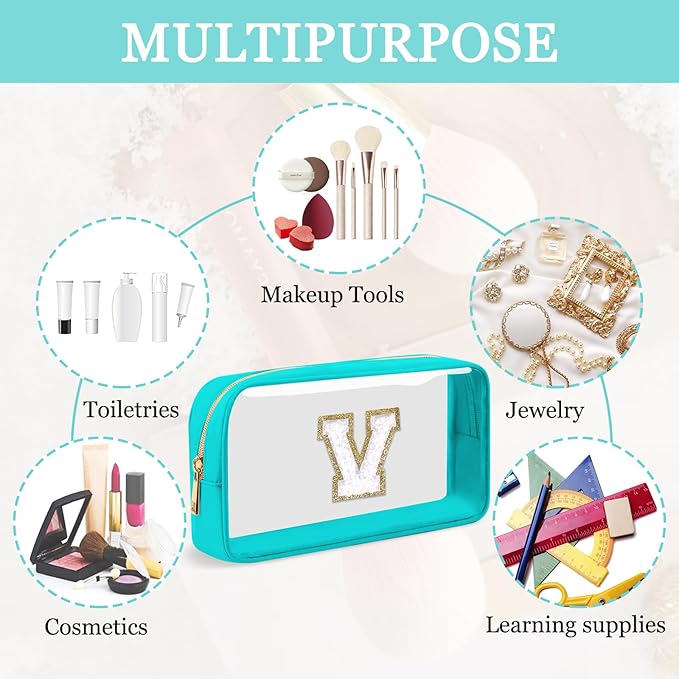 Small Clear Personalized Initial Makeup Bag, Preppy Nylon A-Z Chenille Letter Patch Makeup Organizer TSA Approved Travel Toiletry Bag,Waterproof Zip Beach Cosmetic Pouch Purse for Women(Cyan-White V)