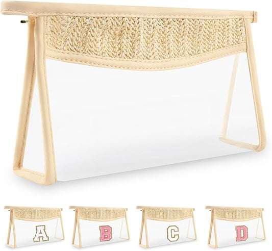 Personalized Initial Letter Bag Boho Straw Clear Makeup Bag, Small Cute Chenille Varsity Letter Pouch With Zipper, Beach Travel Toiletry, Portable Monogrammed Cosmetic Bag for Women Girls