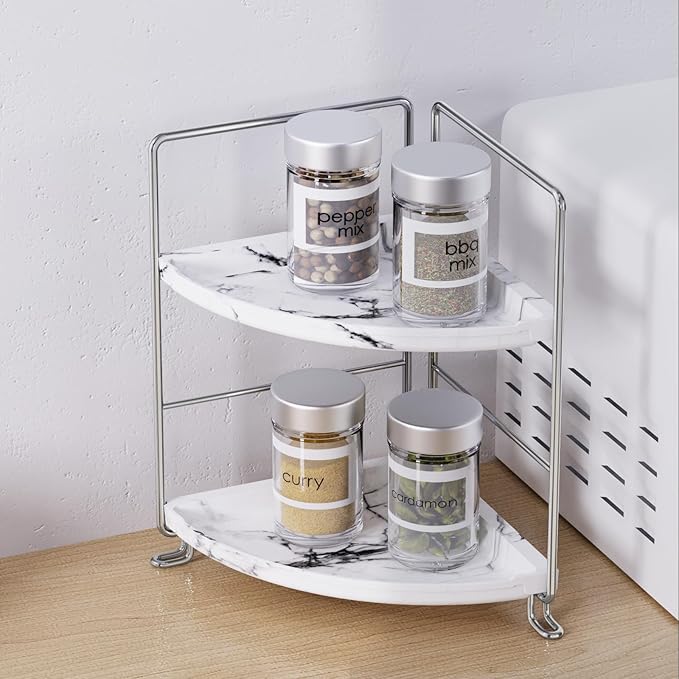 2-Tier Corner Bathroom Organizer, Countertop Perfume Makeup Shelf Cosmetics Storage Shelf Display Rack Vanity Shelf,Kitchen Spice Rack,PP Imitation Marble Design,Tool-Less Install(Silver)