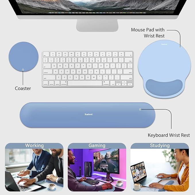 Mouse Pad and Keyboard Wrist Rest, 3-in-1 Gel Memory Foam Ergonomic Mouse Pad with Wrist Rest Set,Gaming Mousepad Arm Cushion Support for Computer Office Desk Accessories Cute Setup,Sky Blue