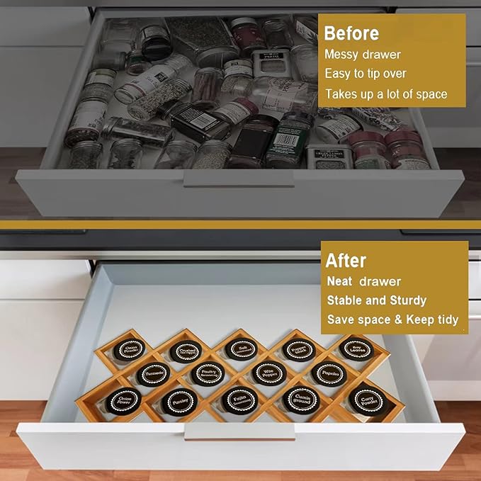 Bamboo Criss Cross Spice Rack Organizer for Cabinet, Wood Seasoning Rack Spice Holder, 18-Jar Spice Rack Tower Spice Storage for Kitchen Countertop Drawer - Jars Not Included