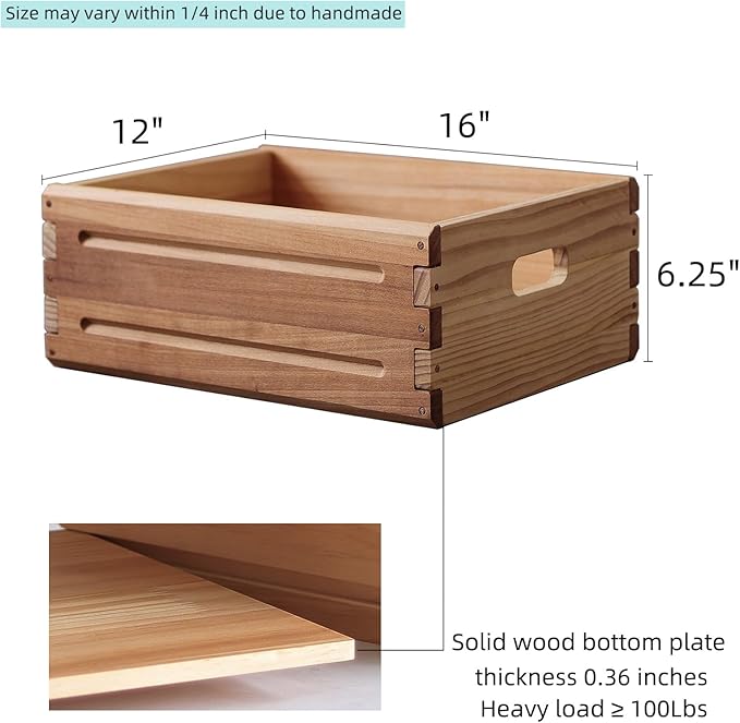 KLZLQ-XINCHEN 2 Pack Wooden Storage Bins of 16"x12"x6.25".Durable Open Solid Wood Box w/ Handles.Farmhouse Container Shelf Baskets. Multipurpose Home Décor Organizer Crates for Display,Pantry,Book,CD