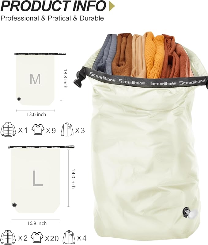 Travel Laundry Bag, Pump Free Vacuum Storage Bag Reusable Compression Dirty Clothes Travel Bag Waterproof Wet Dry Bags Large Capacity Space Saver Bags Camp Clothes Organizer (1 Pcs)(White, L)