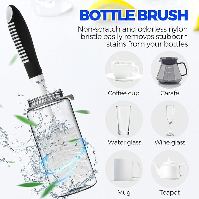 Holikme 6 Pack Dish Brush Set with Bottle Brush, Dish Scrub Brush, Pan Brush and 3 Straw Brushes, Deep Cleaning Handle Brush with Scraper Tip for Kitchen Sink Dishes Bottle Cup Pot and Pans (Black)