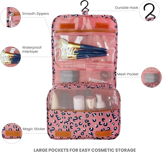 Lcsmaokin Large Capacity Toiletry Bag Travel Bag with Hanging Hook for Men and Women Waterproof Travel Cosmetic Bag Bathroom Storage Bag for Brushes Set,Full-Sized Shampoo,Accessories-Pink Smile