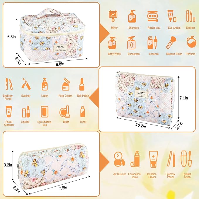 3Pcs Cotton Quilted Makeup Bag for Women Girls Large Small Travel Floral Cosmetic Bags Set Cute Coquette Makeup Pouch for Purse Aesthetic Cloth Bee&Flower Storage Toiletry Bag Organizer