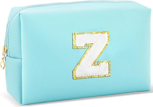Gifts for Girls Initial Makeup Bag Personalized Cosmetic Bag with Zipper Cute Travel Toiletry Bag Waterproof PU Preppy Makeup Pouch Birthday Gift for Teen Girls Women(Blue Z)