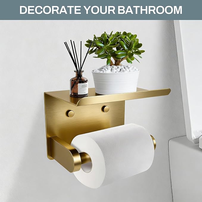 SetSail Toilet Paper Holder with Shelf Adhesive or Screw-in Bathroom Toilet Paper Roll Holders Wall Mount Gold Tissue Holder for Bathroom Hardware Accessories