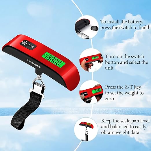 Luggage Scale, 110lb Luggage Weight Scale with 4 Unit Switching Functions & LED Display, Luggage Scale Travel Digital for Weighing Luggage, Backpacks, Packages and Markets (Red)