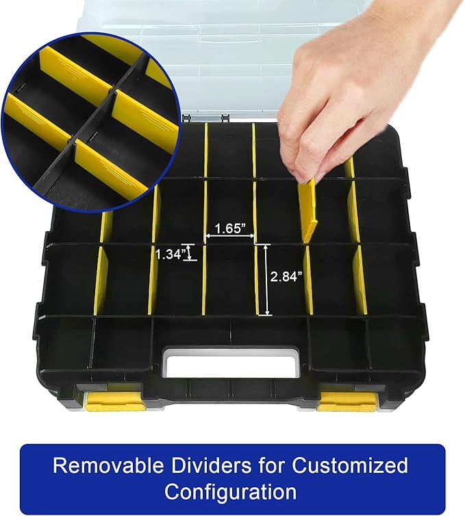 Double Side Tool Box Organizer, Hardware Storage Box, Portable Small Parts Organizer with Removable Plastic Dividers for Screws, Nuts, Nails, Bolts, Yellow