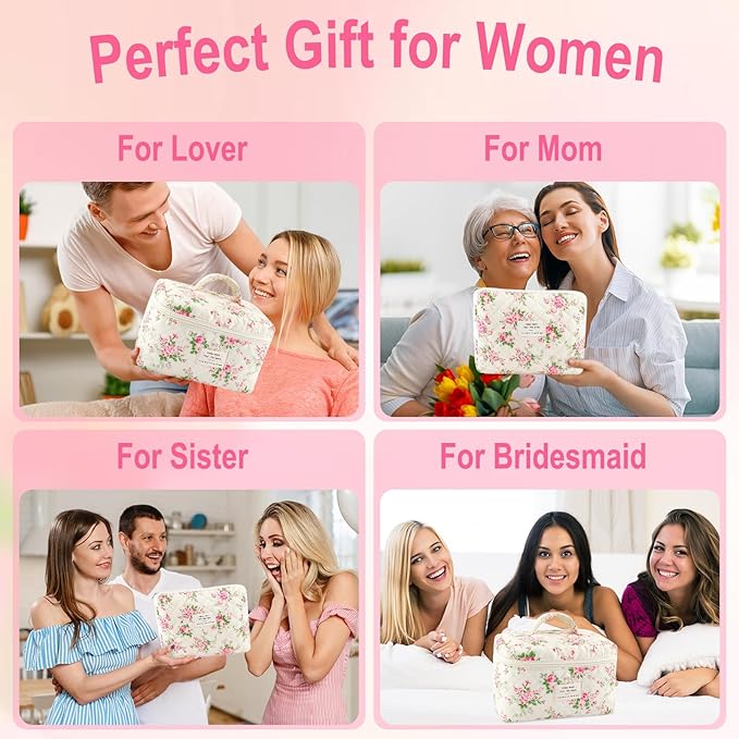 3Pcs Cotton Quilted Makeup Bag for Women Girls Large Small Travel Pink Floral Cosmetic Bags Set Cute Coquette Makeup Pouch for Purse Aesthetic Cloth Flower Storage Toiletry Bag Organizer