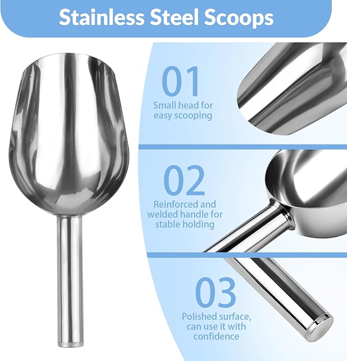 2 Pcs Ice Scoop for Freezer, 6 Oz Metal Ice Scooper, Stainless Steel Small Scoops with Round Bottom for Ice Machine Kitchen Flour Bar Party Wedding Pet Dog Food