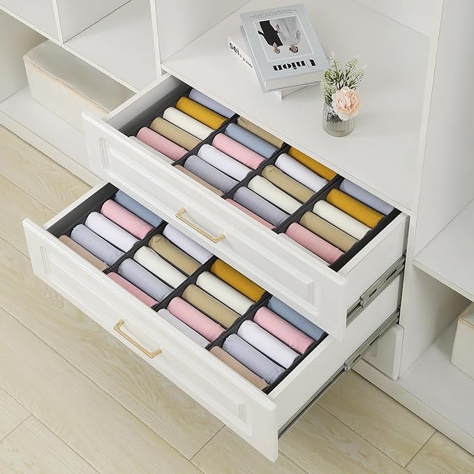 Qozary 3 Pack Sock Underwear Drawer Organizer Dividers, Non-Woven Fabric Collapsible Cabinet Closet Storage Boxes for Clothes, Socks, Lingerie, Underwear, Tie, Belt, Baby, Bedroom (Gray, 6 Cells)