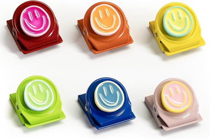 6Pcs Magnetic Clips Refrigerator Magnets – Colorful Happy Face Fridge Magnets for Artwork Display, Classroom Whiteboard & Locker, Teacher Must Haves for School, Home & Office