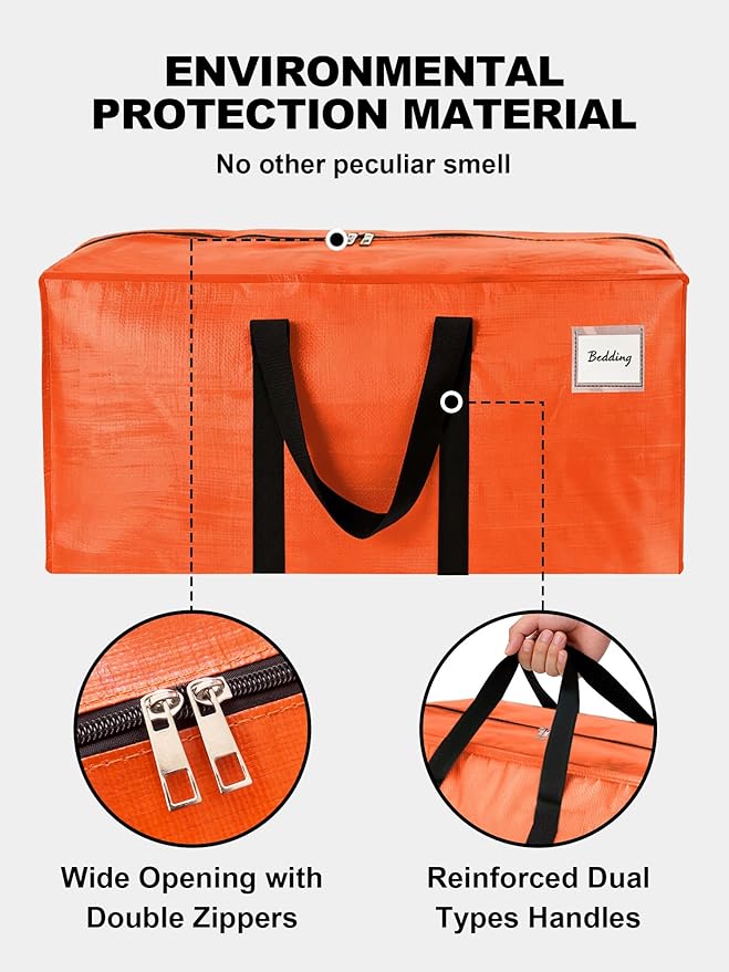 HOMESURE Supports 200lbs Heavy Duty Moving Bags - Strong Zipper & Wrap-Around Handles - Water-Resistant Storage Totes, Durable Alternative to Moving Boxes - 4 Pack - Orange