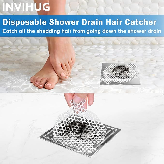 INVIHUG Disposable Shower Drain Hair Catcher Mesh Stickers, 25 Pack, Hair Catcher for Shower (White, 25pcs) NRHC-01