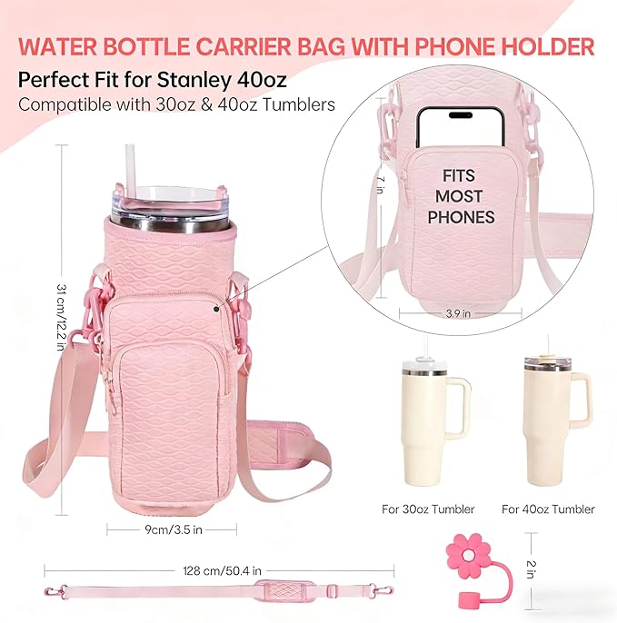 &And Per Se Water Bottle Shoulder Bag for Women, Neoprene Carrier with Phone Pocket & Pink Charm, Adjustable Crossbody Strap Fits Stanley 40oz Tumblers, Gift for Her (Pink)