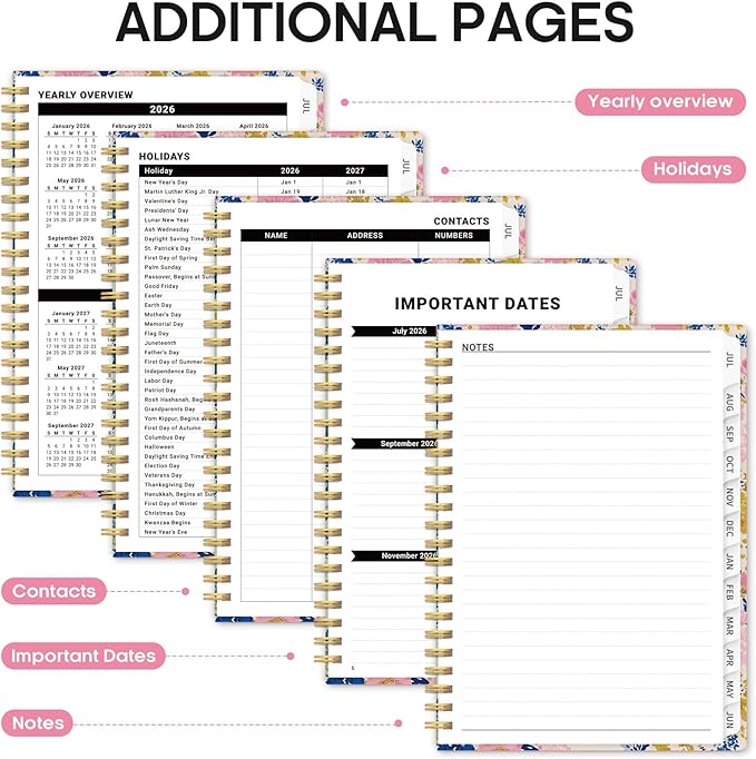 Planner 2026-2027, Academic Year Weekly and Monthly Calender Planner, from Jul 2026 - Jun 2027, Spiral Bound School Planning Book, Perfect for Teacher, Student, Women & Men, A5 (6.3" x 8.5"), Pink Garden