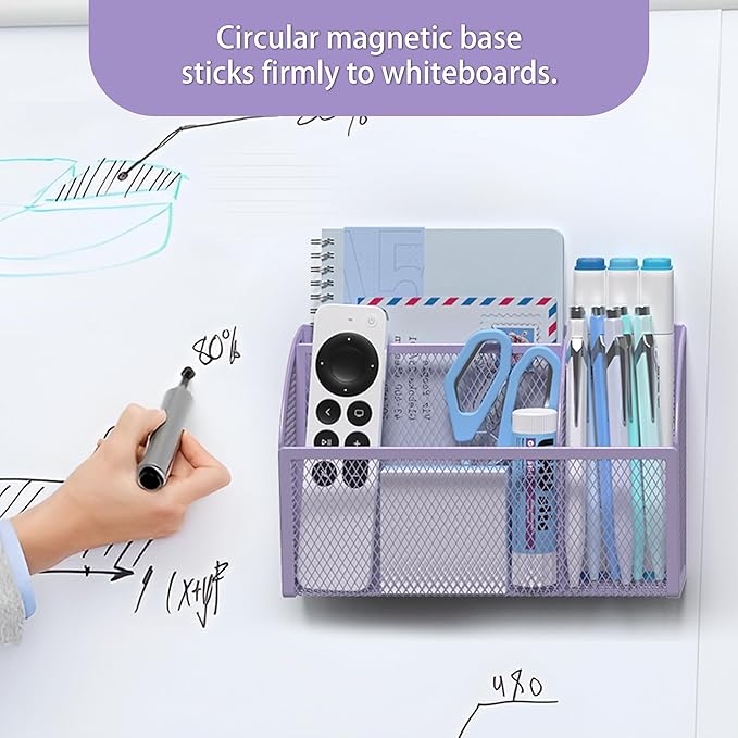 YINGHUA Strong Magnetic Pen Holder for Whiteboard and Refrigerator 3 Compartments Metal Mesh Organizer Space Saving Shelf for Office School Home and Locker - Purple