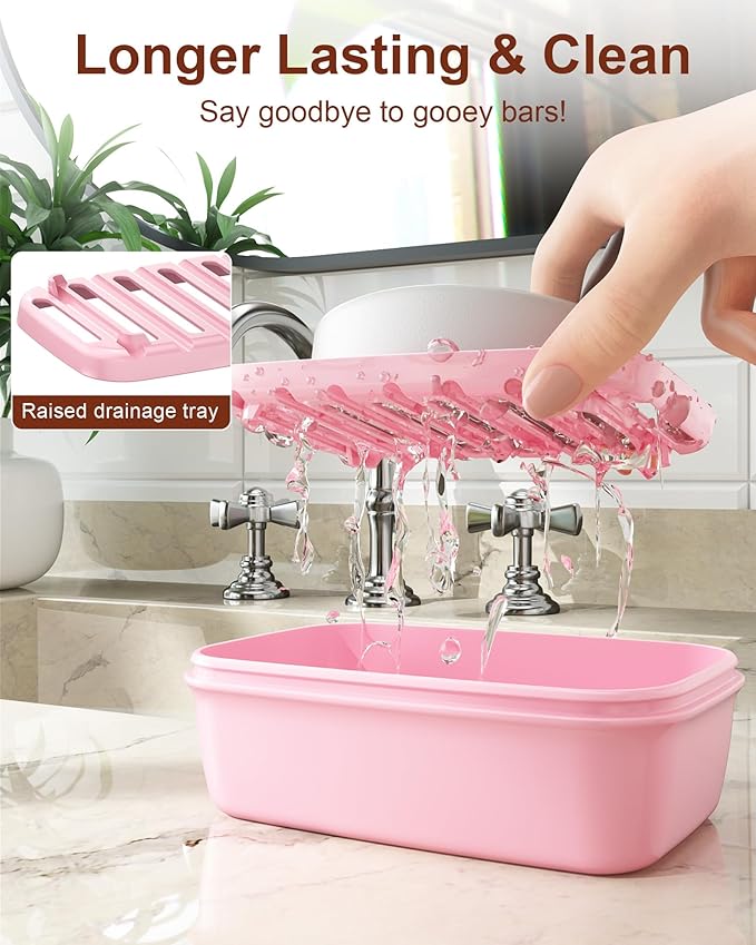 Quatish Leakproof Large Soap Dish with Lid & Draining Layer, Shatterproof Travel Bar Soap Holder Case Container, Portable Travel Size Toiletries Essentials for Camping, Gym, Bathroom, Pink