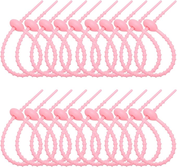 PATIKIL 8 Inch Silicone Cable Ties, 20pcs Rubber Reusable Twist Zip Ties Organizer for Home Office Kitchen Food bags Wires Adjustable Bag Clip, Pink