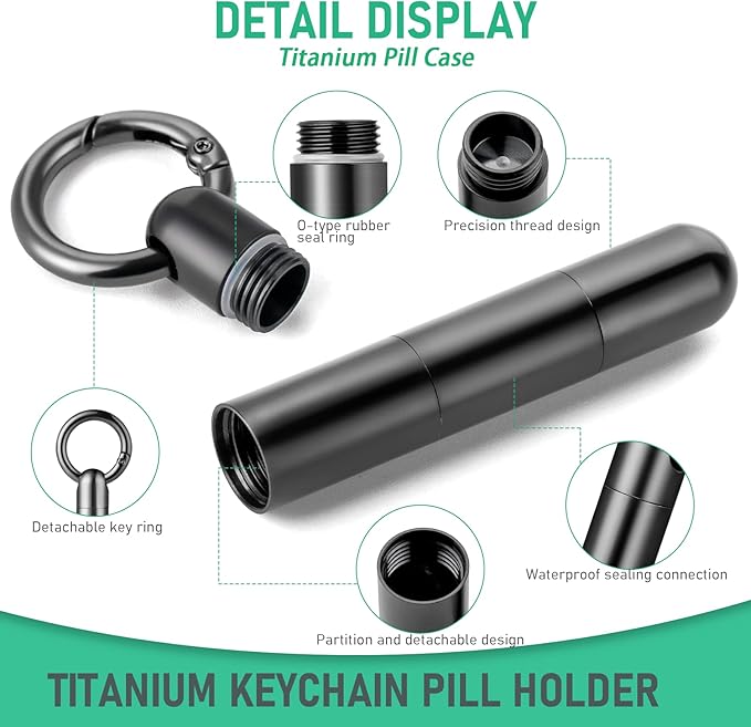 TISUR Keychain Pill Holder, Titanium Pill Case Small Pill Organizer Waterproof Pill Box, EDC Portable Pill Container Metal Tube for Travel Purse Outdoor