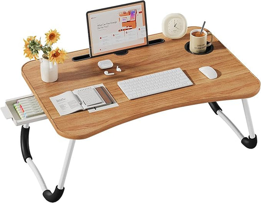 Lap Desk Bed Trays for Eating and Laptops Breakfast in Bed Tray for Sofa/Couch/Study/Reading/Writing with Cup Holder/Drawer On Low Sitting Floor Large Portable Foldable (Walnut Beige)