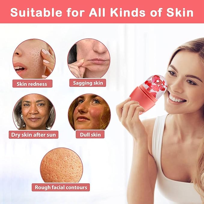 XHJRI Ice Face Roller Massager, Ice Cube Roller for Face, Eyes and Neck, Naturally Conditioning and Skin Care, De-Puff Eye Bags, Reduce Migraine Pain, Reusable Massage Silicone Ice Mold (New Pink)
