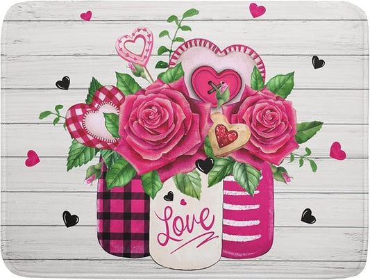 Valentine's Day Rose Flower Dish Drying Mat for Kitchen Counter,Mason Jar Pink Love Heart Drying Mat 18 x 24 Inch with High Absorbent Microfiber Drainer Mat for Coffee Bar