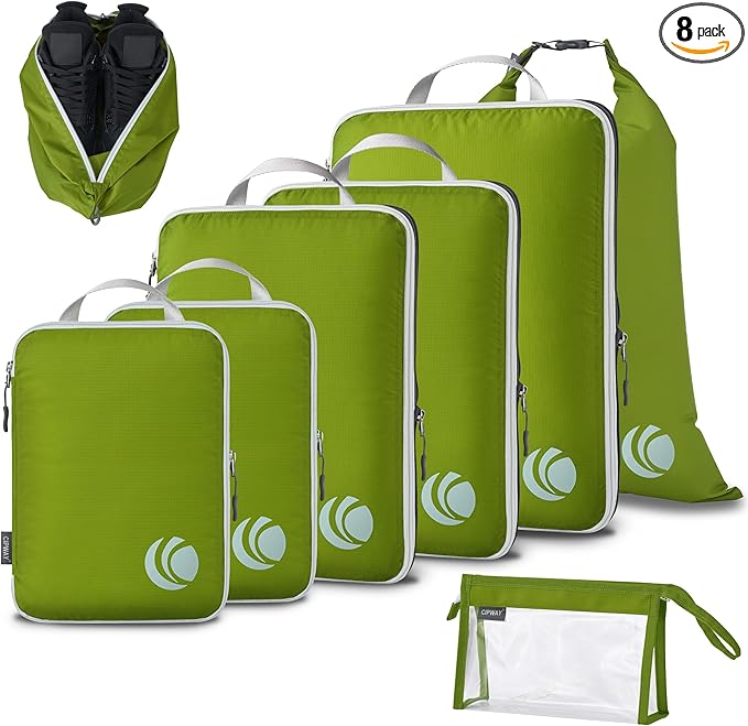Cipway Compression Packing Cubes, Lightweight Travel Luggage Organizers with Shoe Bag, Toiletry Bag & Laundry Bag, Travel Essentials for Carry on Suitcase (8 Piece,Green)