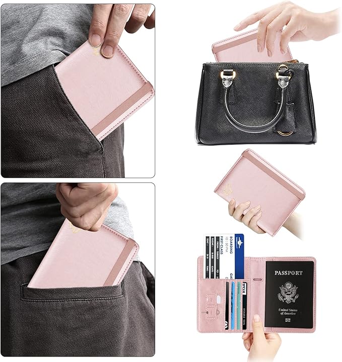 WALNEW Passport Holder for Travel, RFID Passport Cover Wallet for Women Men, PU Leather Passport Book Card Holder Case with Pen (Elastic Band Closure, C-Rosegold)