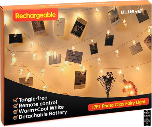 17FT 100LEDs Rechargeable Photo Clips String Light,Remote Control,3 Off Timer,Tangle-Free,Detachable Battery Operated Fairy Lights,Dorm Room Essential for Girl,Christmas(Cool+Warm White,1Pack)