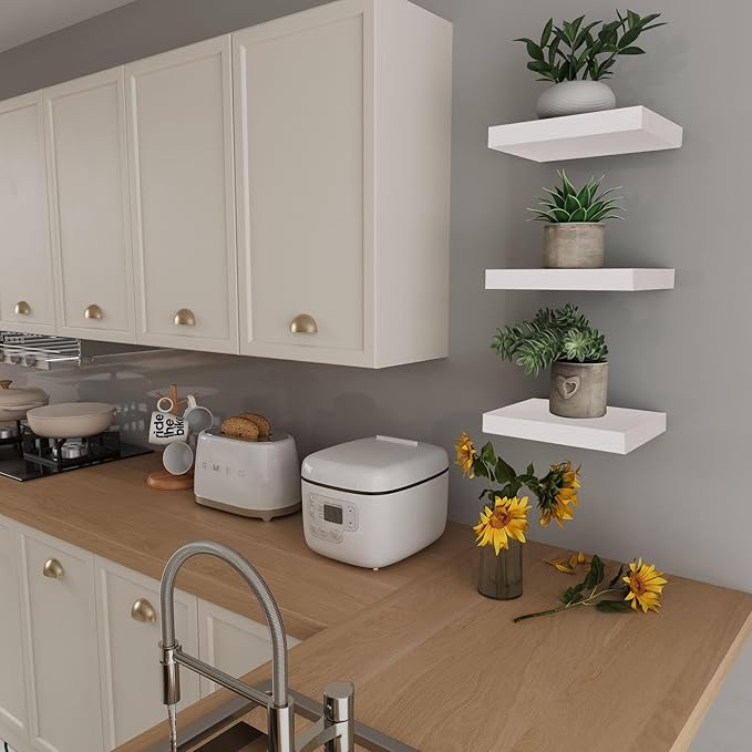 Small Floating Shelves for Wall - 12 x 9 Inch White Shelves for Bedroom, Living Room, Bathroom, Kitchen, Office Decor Set of 3