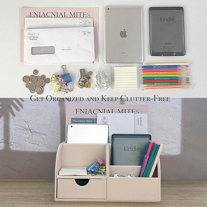 UnionBasic Desk Organizer - Multifunctional Leather Desktop Pen Holder Storage Box - Business Card/Pen/Pencil/Mobile Phone/Stationery Holder, Beige Revised