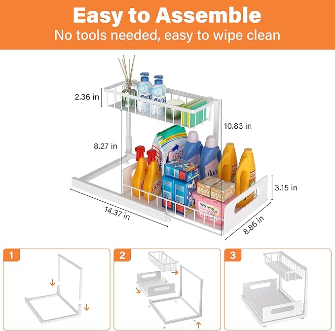 2 Pack Under Sink Organizer, 2 Tier Pull Out Cabinet Organizer,Slide out Metal Cabinet Organizers Multi-Purpose Drawer Shelf for Kitchen Bathroom Pantry Cabinet Closet Organization Rack,White