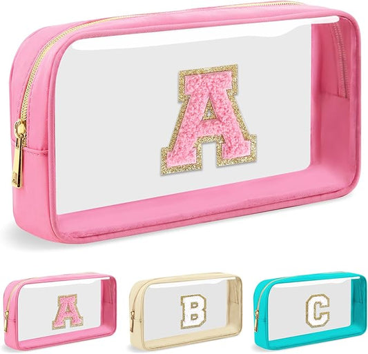 Personalized Initial Letter Clear Makeup Bag, Preppy Small Nylon&PVC Cosmetic Zipper Bag with Chenille Letter, Portable Beach Travel Skincare Toiletry Bag, Trendy Monogram Gift for Teen Girls Women, A