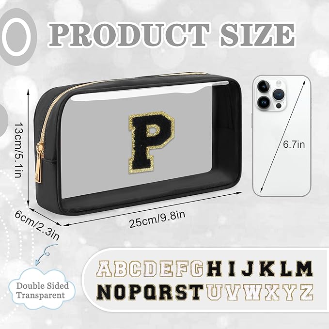 Small Clear Personalized Initial Makeup Bag, Preppy Nylon A-Z Chenille Letter Patch Makeup Organizer TSA Approved Travel Toiletry Bag,Waterproof Zip Beach Cosmetic Pouch Purse for Women(Black-Black P)